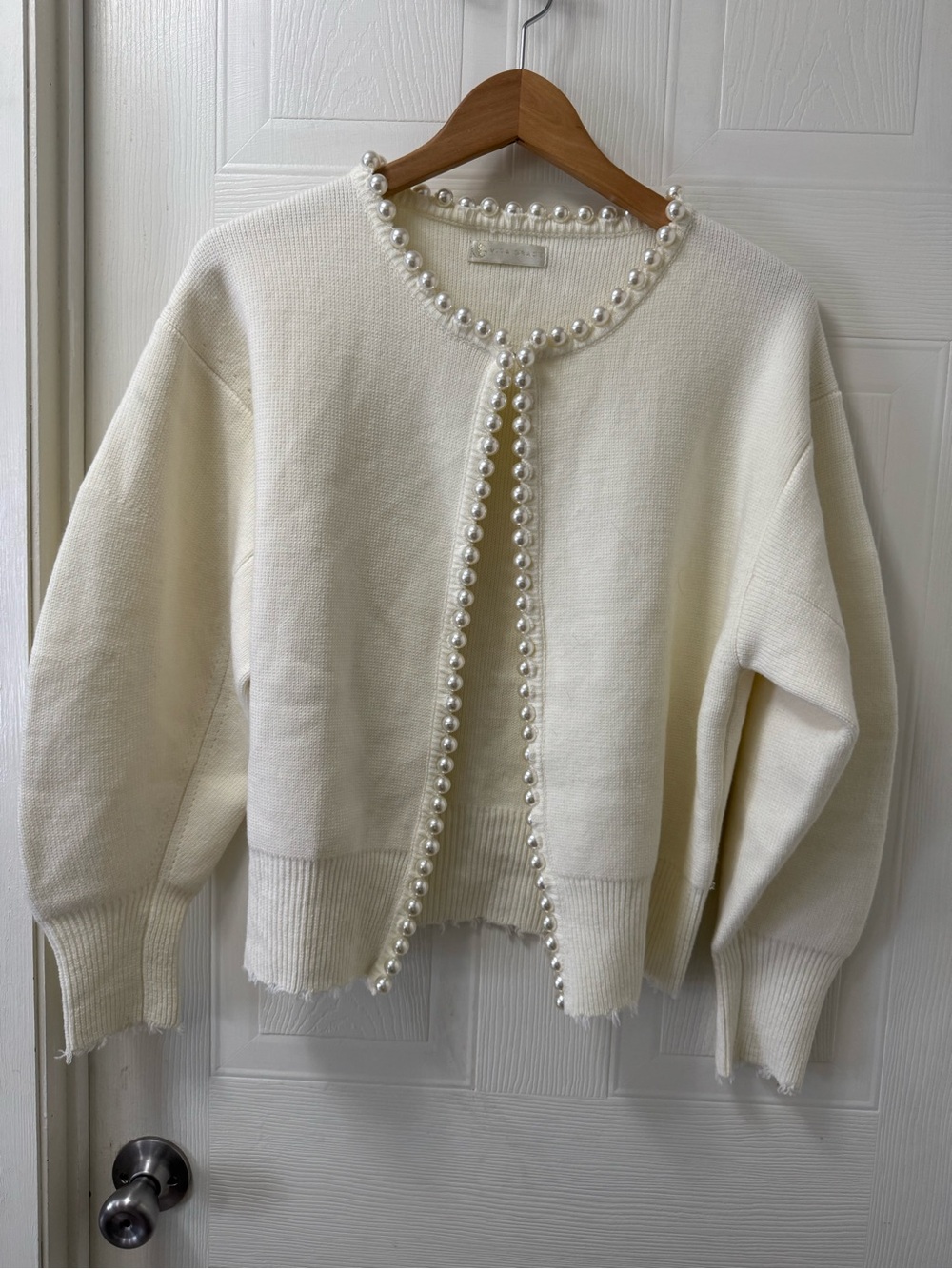Cream Pearl-Trim Knit Cardigan